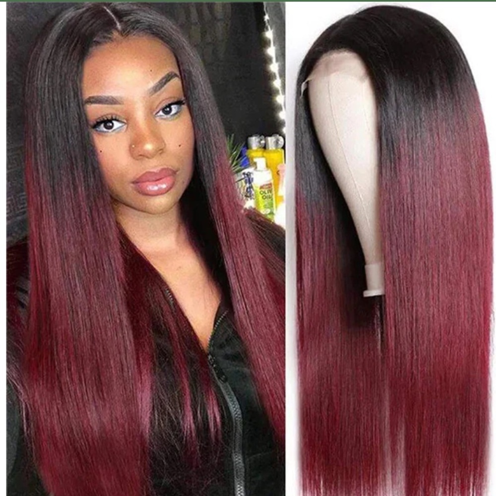 NEW it’s a wig 99J Black Roots Lace Front Wig Straight Synthetic Hair 28”